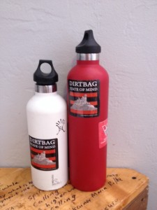 The 18 and 24 oz. Hydro Flask water bottles tagged up with Climbing Zine "Dirtbag State of Mind" stickers.