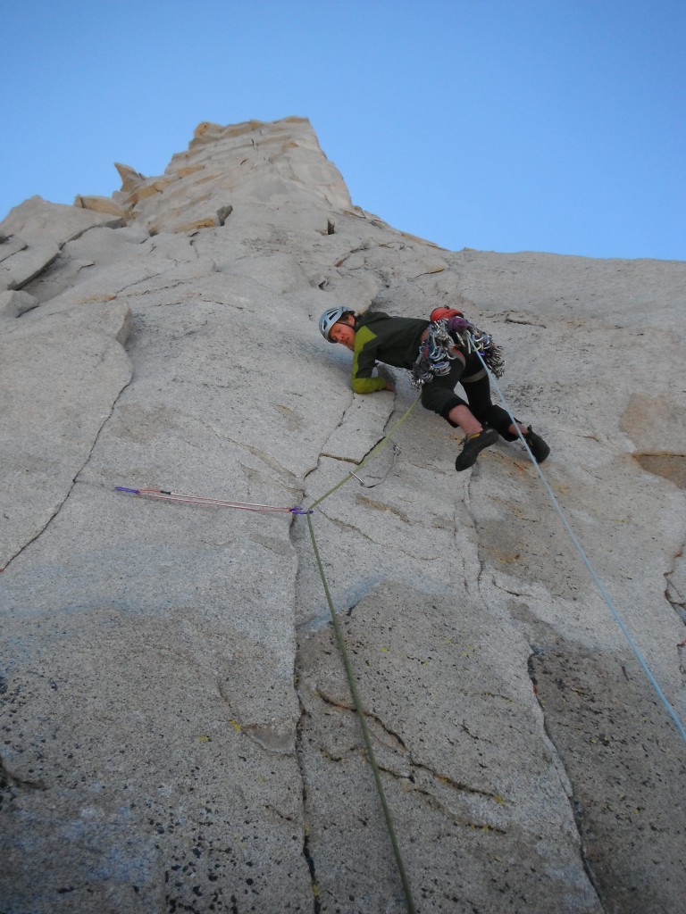 Thayer testing the Ferrosi Hoody on Third Pillar of Mt. Dana, California. photo courtesy of Drew Thayer
