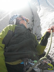 Reviewer Drew Thayer testing out the Mega Jul, and working on his belayer's neck. 