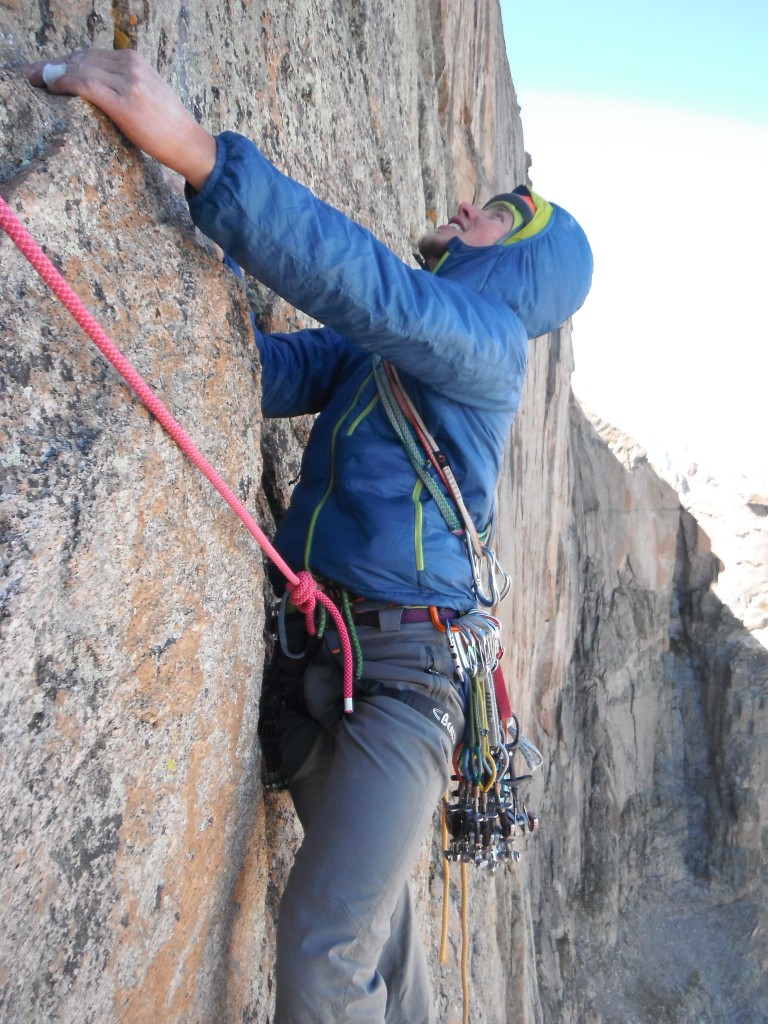 The slender Rebel Harness is comfortable over a few layers during a chilly September ascent of D7, Longs Peak, Colorado. Photo Tucker Hancock