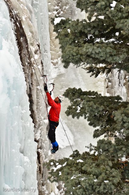 Stacy ice climbing in Ouray, Colorado. Photo: Lourdes Izziray